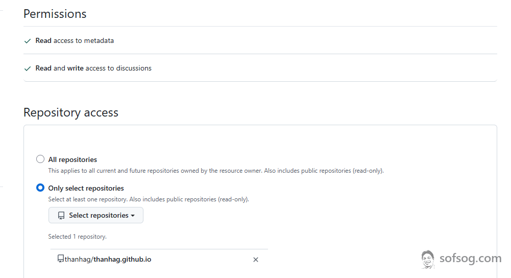 Hình cài GitHub App giscus chỉ cho một repo sofsog.com