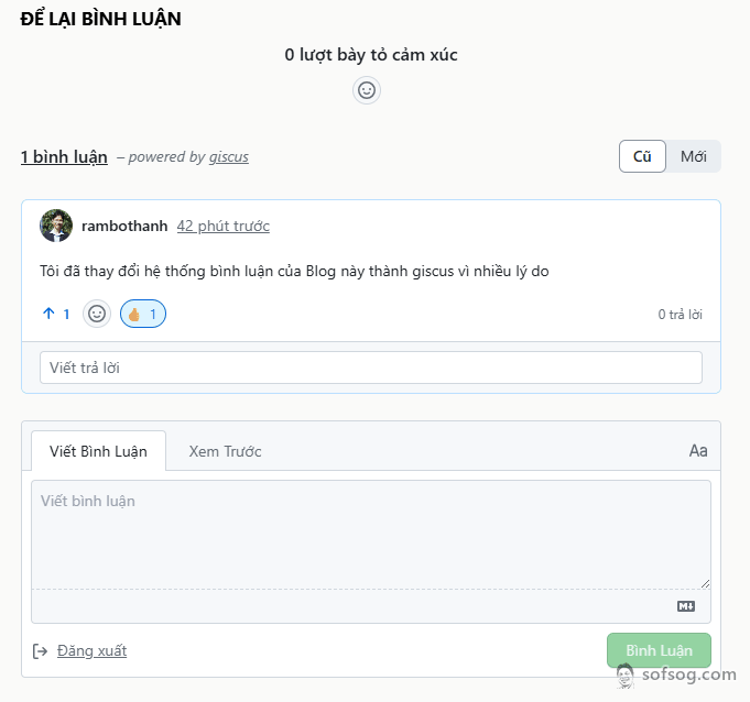 Hình khung bình luận giscus tiếng Việt trên blog sofsog.com