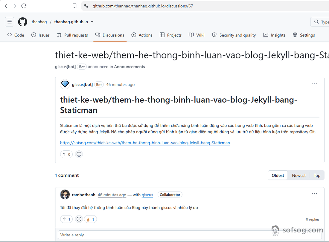 Hình discussion do giscus tự tạo trên GitHub sofsog.com