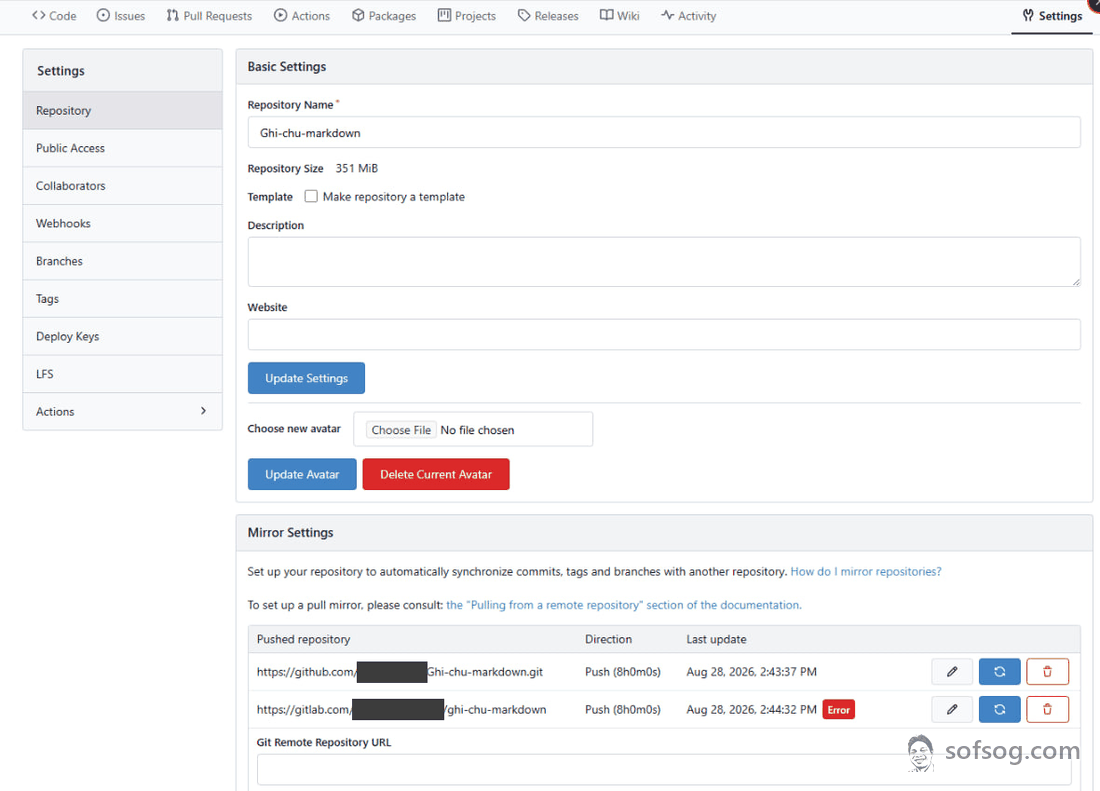 Hình mục Mirror Settings của Gitea với hai push mirror sang GitHub và GitLab sofsog.com