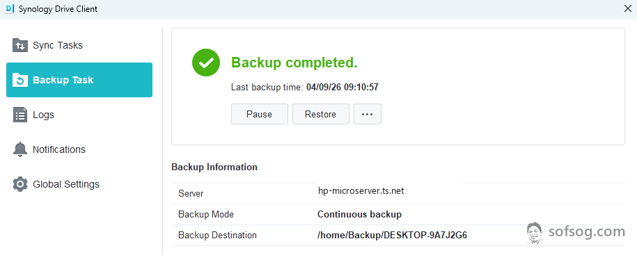 Hình máy trạm sao lưu liên tục lên NAS, báo backup hoàn tất sofsog.com