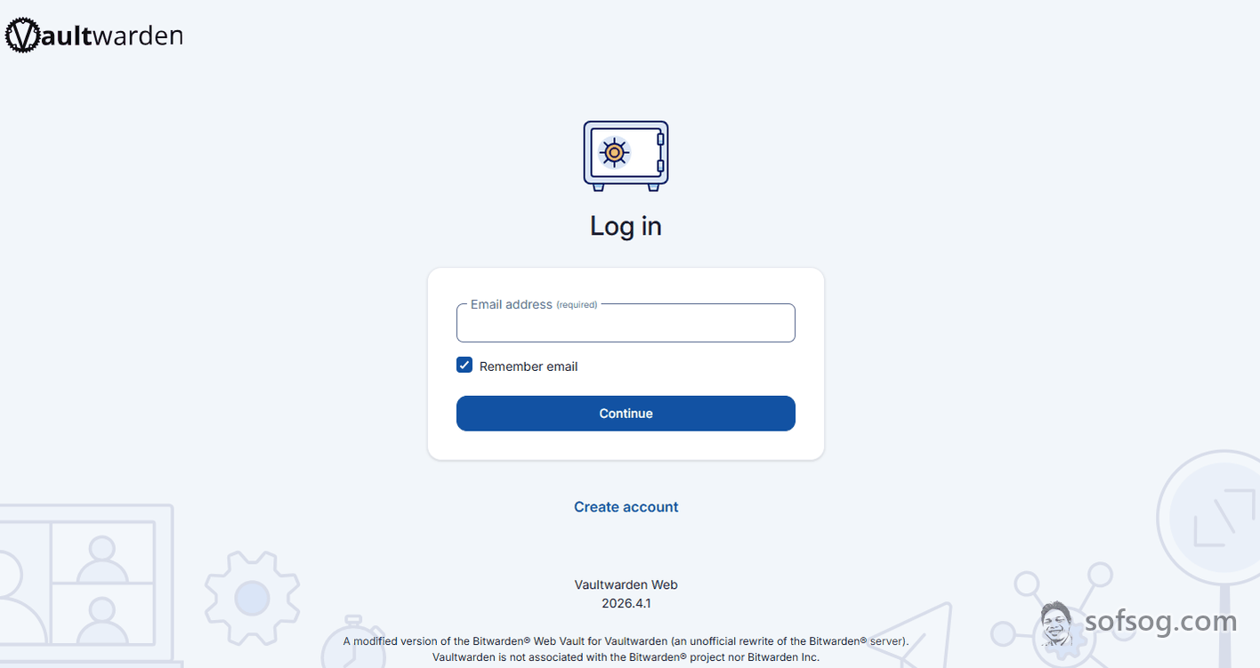 Hình màn hình đăng nhập Vaultwarden Web Vault sofsog.com