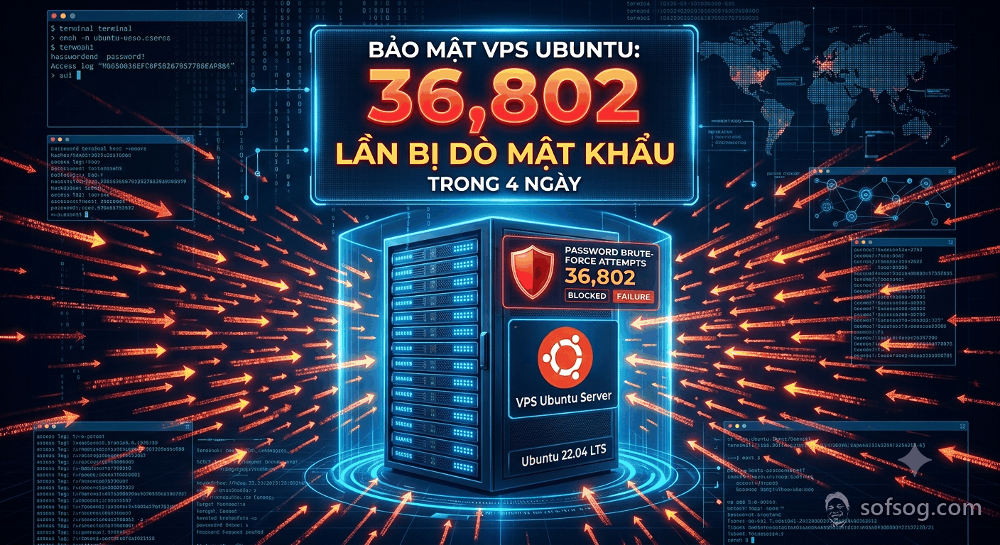 Hình minh hoạ máy chủ VPS Ubuntu bị dò mật khẩu liên tục sofsog.com
