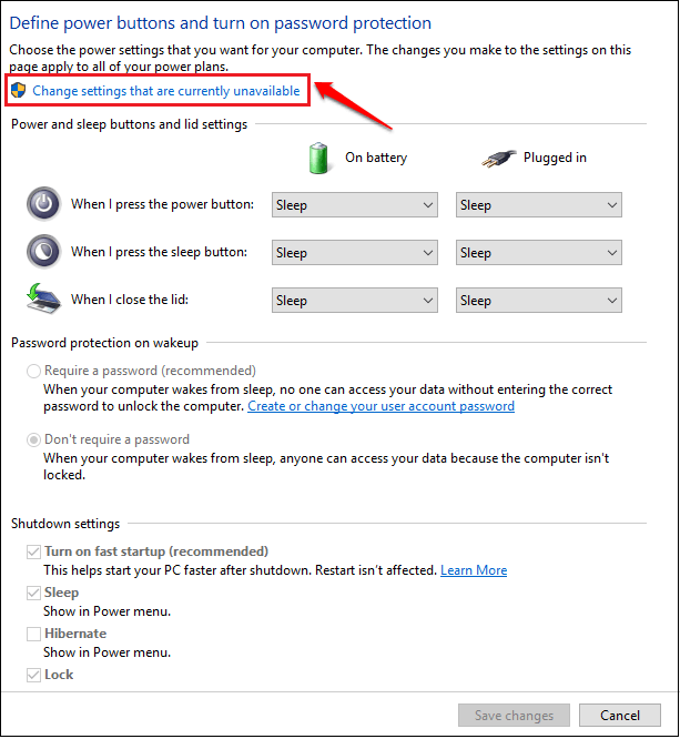 chọn link Change settings that are currently unavailable 