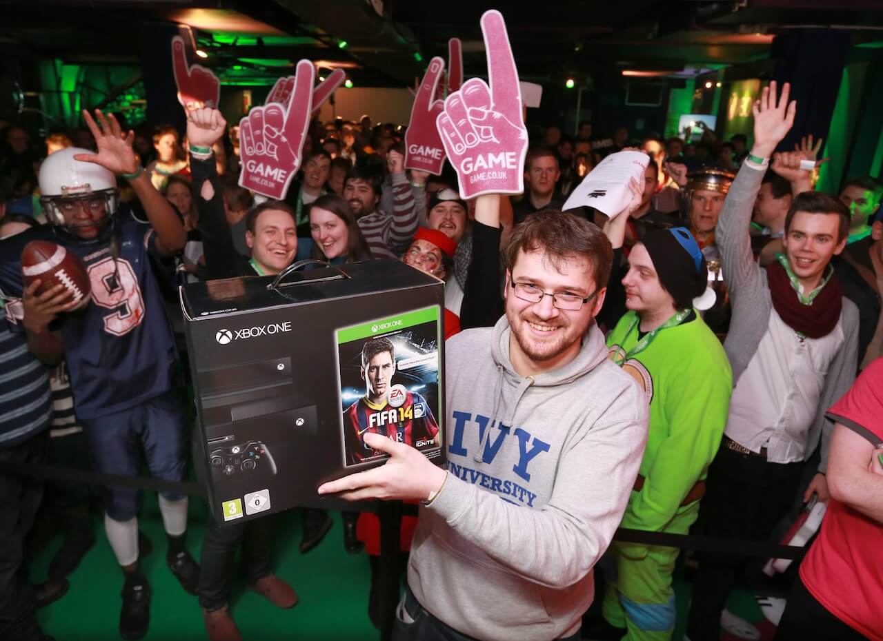 EDITORIAL USE ONLY Charlie Pulbrook from Sidcup is first person to pick up an Xbox One after the midnight release of the console at the pop-up GAME store at Trocadero in London’s Leicester Square. PRESS ASSOCIATION Picture date: Thursday November 21, 2013 Photo credit should read: Matt Alexander/PA Wire